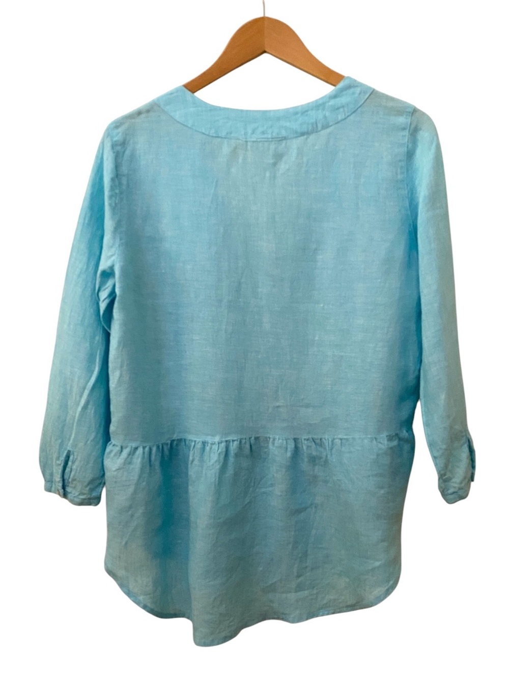 Cynthia Rowley 100% Linen Faux Wrap Peplum Lagenlook Pullover Aqua Top M - Picture 2 of 8